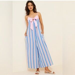 NWT Anthropologie Celandine Stripe Bow Wide Leg Jumpsuit XL Coastal Boho Resort